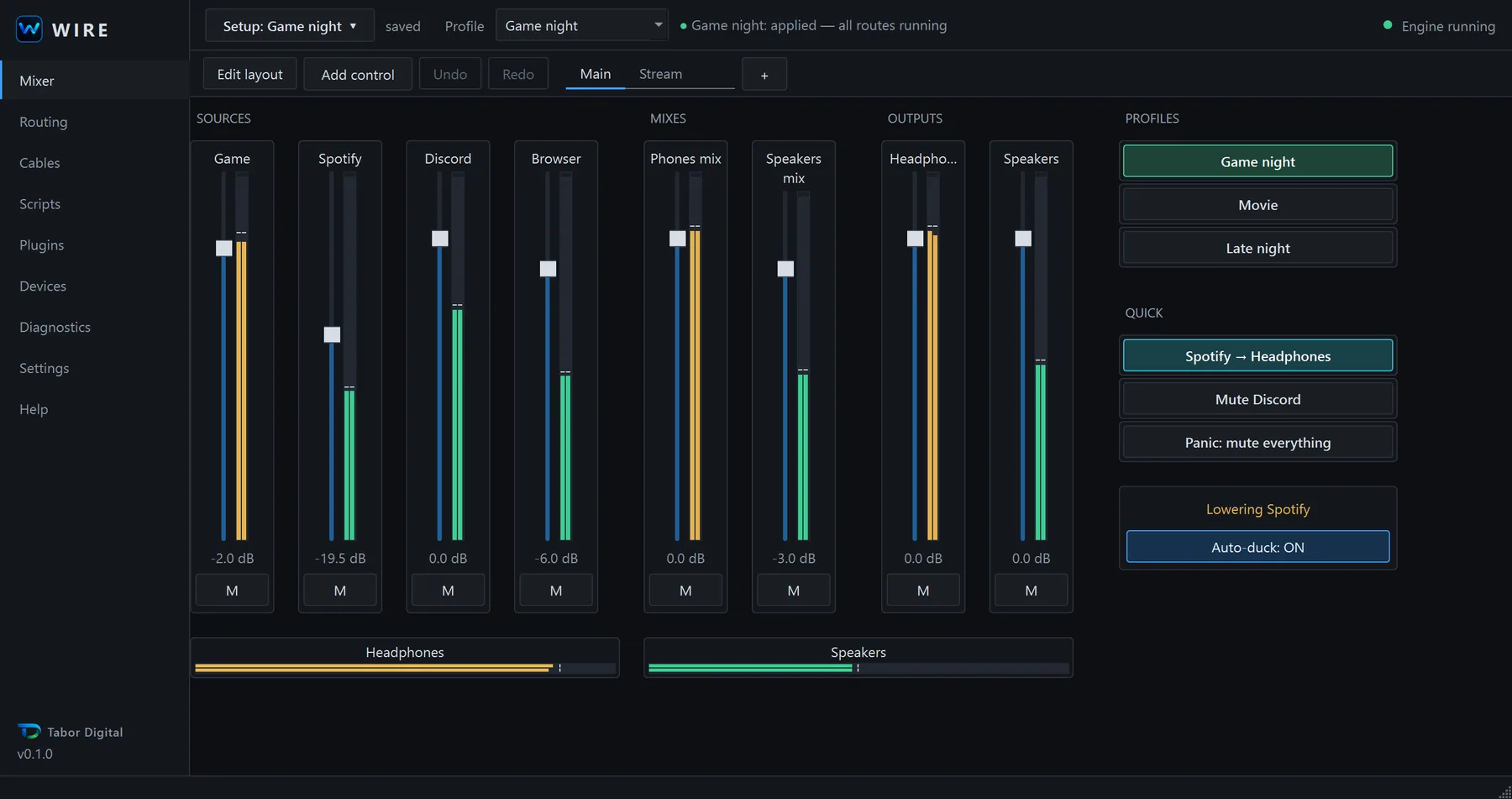 The WIRE mixer page with four source faders (Game, Spotify, Discord, Browser), two mix faders, two output faders, profile buttons and live level meters.