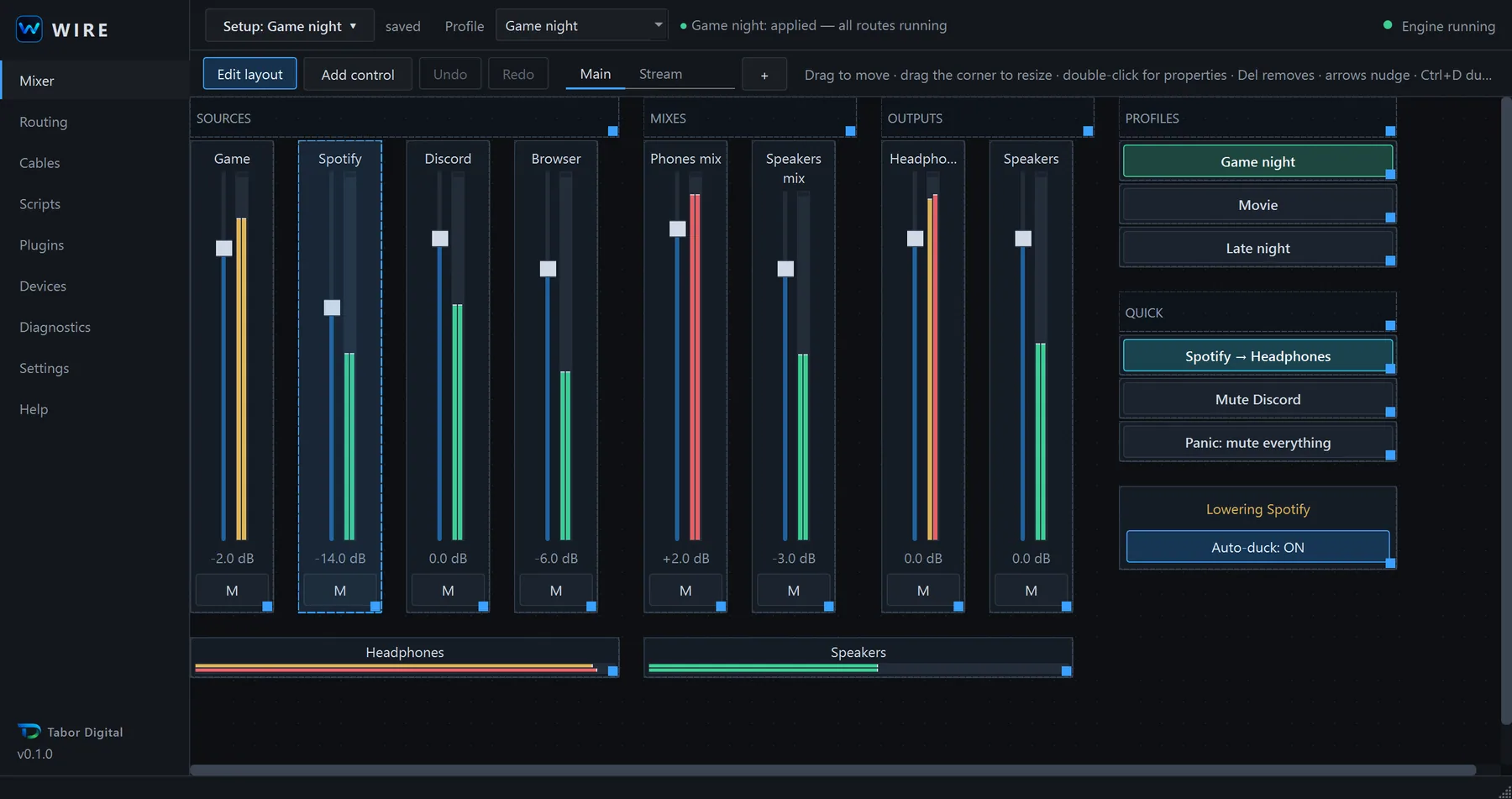 The WIRE mixer in layout edit mode. Controls have dashed outlines and resize handles, and a hint bar explains dragging, resizing and properties.