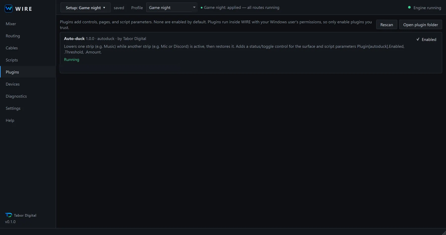 The WIRE plugins page showing the Auto-duck plugin, version 1.0.0, enabled and running.
