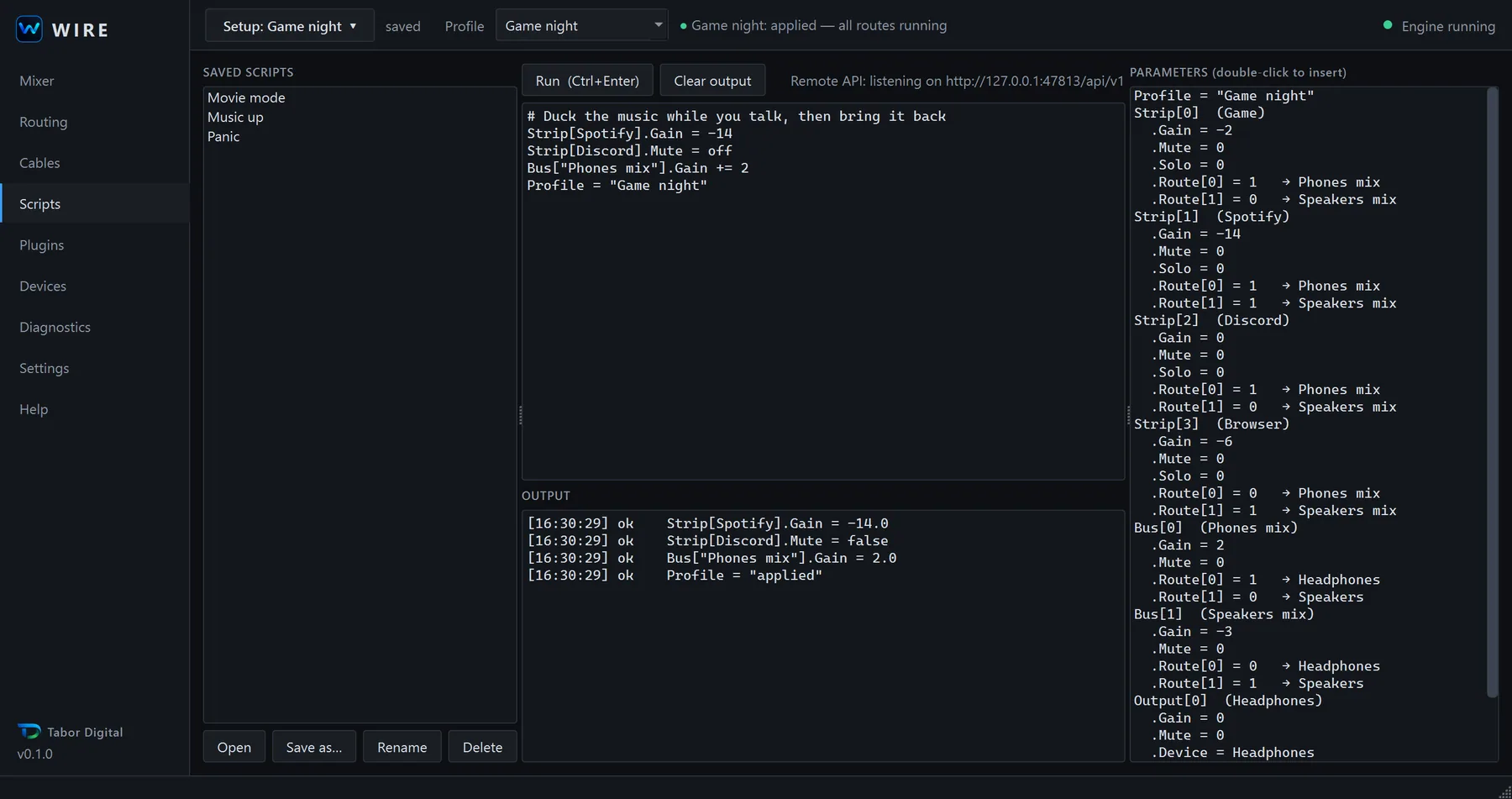The WIRE scripts page. A script editor on the left runs four lines and shows an ok result for each. A parameter list on the right shows every strip, bus and output.